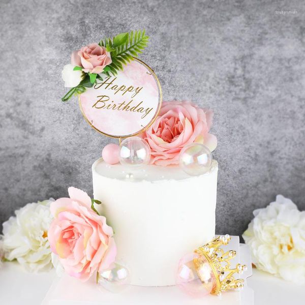 Ferramentas de bolo de metal ouro feliz aniversário topper flores plantas cupcake para meninas decorações de festa de mãe chá de bebê