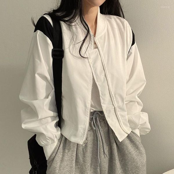 Jaquetas femininas streetwear sólido curto jaqueta para mulher 2023 manga longa solta casual bombardeiro mulher coreano moda bolso senhora outerwear