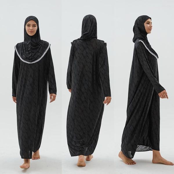 Abbigliamento etnico 1 pezzo goffratura pizzo musulmano Abaya con cappuccio turbante donna caftano capispalla Arabia Saudita Djellaba abiti da preghiera Islam Hijab/cappelli