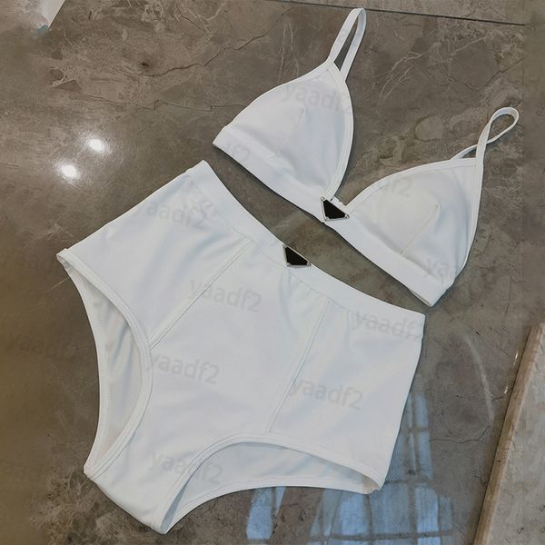 Costume da bagno da donna Costume da bagno vintage con lettere imbottite divise, reggiseno da spiaggia a vita alta, costume da bagno bianco