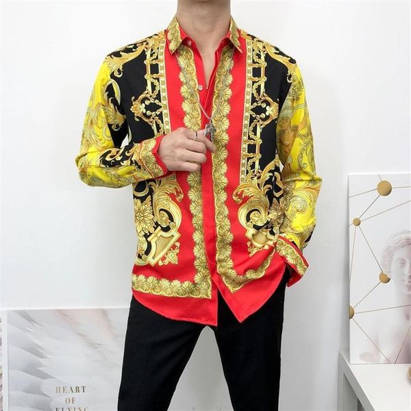 Мужские повседневные рубашки в стиле барокко, королевская желтая рубашка, мужская модная рубашка с золотым цветком, роскошный дизайнерский топ 2022 года с длинными рукавами для выпускного вечера C301m
