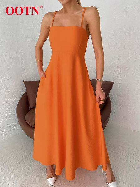 Lässige Kleider Chic Orange Langes Kleid Sommer Sexy Hohe Taille A-linie Frauen Elegante Spaghetti Strap Knöchel-Länge 2023