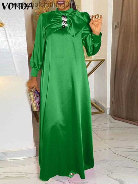 Temel gündelik elbiseler vonda 2023 artı beden yaz maksi elbise kadınlar uzun fener kollu yay bohem partisi uzun elbise gündelik pileli saten robe 5xl l230918