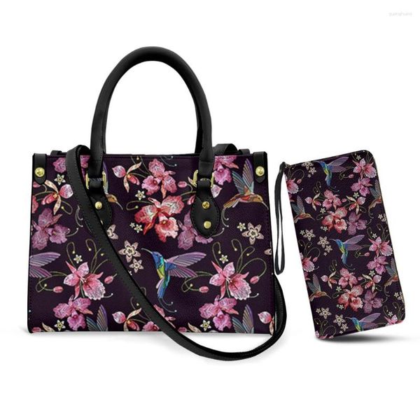 Geldbörsen Belidome Hummingbird Floral Designer Damen Geldbörsen und Handtaschen 2Set Leder Top Griff Satchel Umhängetaschen Messenger Tote Bag