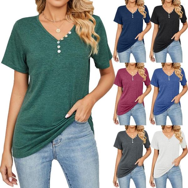 Damen-T-Shirts, Sommer, solide, kurze Ärmel, Knopf-Stil, Pendlermode, gerader Frühlingspullover, V-Ausschnitt, Top, T-Shirt