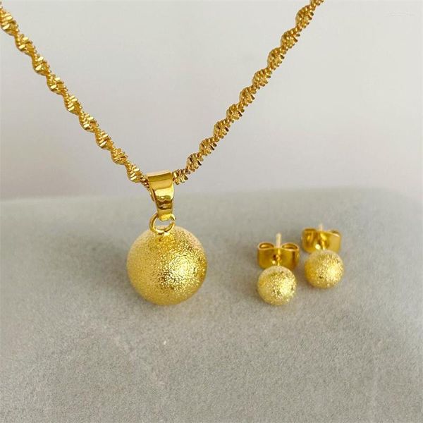 Halskette Ohrringe Set Goldfarbe für Damen Big Buddha Bead Anhänger Ohrstecker 2Stk Trendiges Schmuckzubehör Bijoux