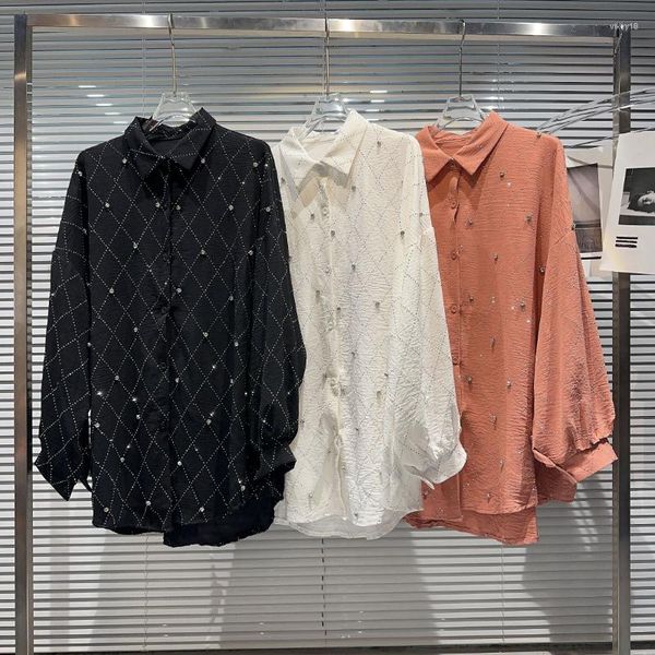 Frauen Blusen Frühling Herbst Diamanten Plaids Strass Shirts Bohren Lose Weibliche Kristall Strickjacke Blusas Pailletten Tops