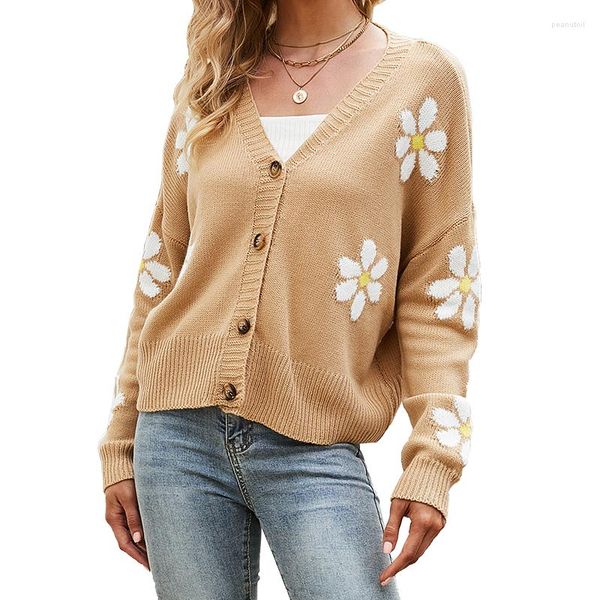 Malhas femininas outono bolero cardigan feminino cáqui 2023 férias com decote em v solto flor malha topos feminino botão mangas compridas casual senhoras camisola