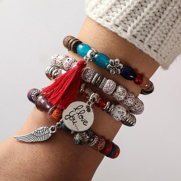 Braccialetti a maglie Set di braccialetti colorati con Bobo per gioielli da donna in quattro pezzi con ala Simia, lettera, nappa, fiore, perline di Buddha