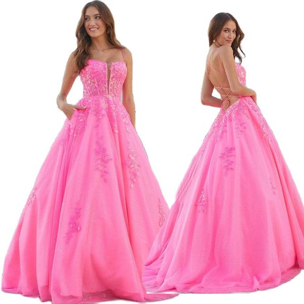 Rosa criss cruz cintas vestidos apliques de lantejoulas uma linha vestido de festa de baile glitter saia inchada robe de soiree 326 326