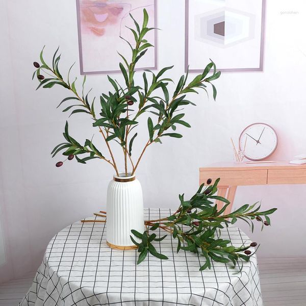 Flores decorativas artificiais verde oliva folhas galho de árvore com frutas planta falsa po adereços para casa jardim quarto decoração festa de casamento
