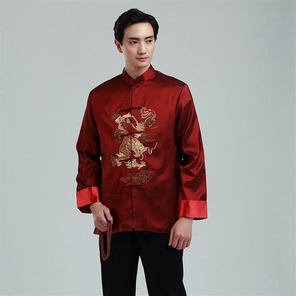 Tang-Anzugjacke für Männer mittleren Alters und ältere Menschen, langärmeliges Hemd, traditionelles chinesisches Cheongsam-Oberteil, Retro-gestickter Drache, Ethnic264j