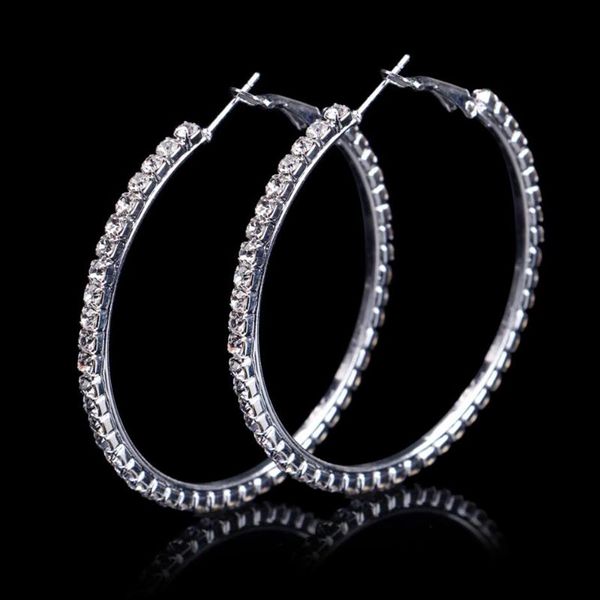 Hoop Huggie Moda Bayanlar 50mm Gelin Gümüş Renk Kristal Diamante Rhinestone Yuvarlak Küpeler Kadınlar İçin Düğün Balo Accessorie294o