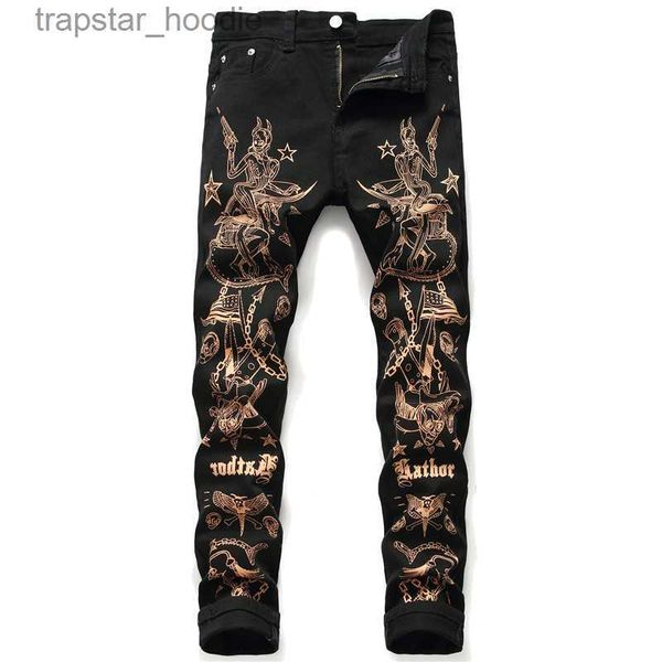 Jeans masculinos exclusivos mens skinny carimbo de ouro preto jeans moda designer doodle slim fit moto motociclista hip hop calças jeans streetwear calças 5649 l230918