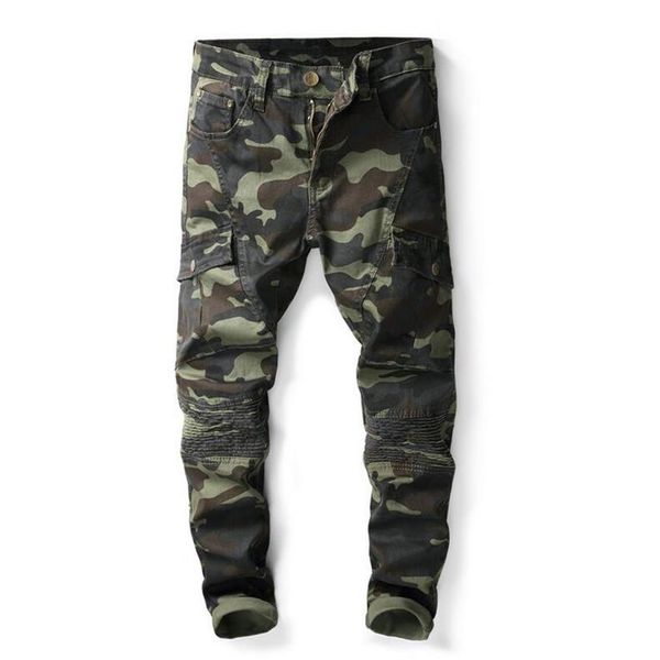 Mens Camuflagem Dobra Jeans Skinny Designer de Moda Bolso Painéis Causais Camo Stretch Denim Calças Hip Hop Calças 2529