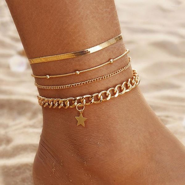 Fußkettchen Böhmen Gold Farbe Stern Anhänger Set Für Frauen Mädchen Boho Knöchel Armband Auf Bein Fuß Kette Perlen Schmuck