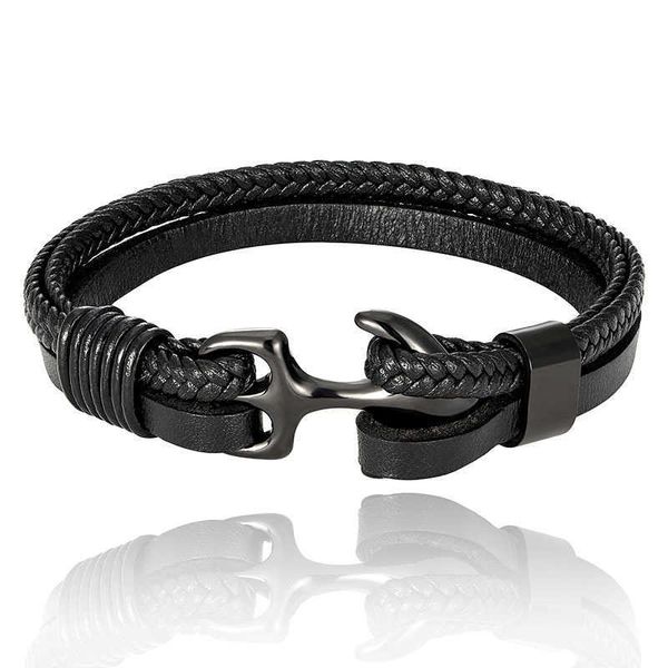 Modisches und trendiges Herren-Armband aus Titanstahl, schwarzes Rindsleder, gewebt, Bootsanker, Edelstahl, echtes Lederarmband, Lederseil