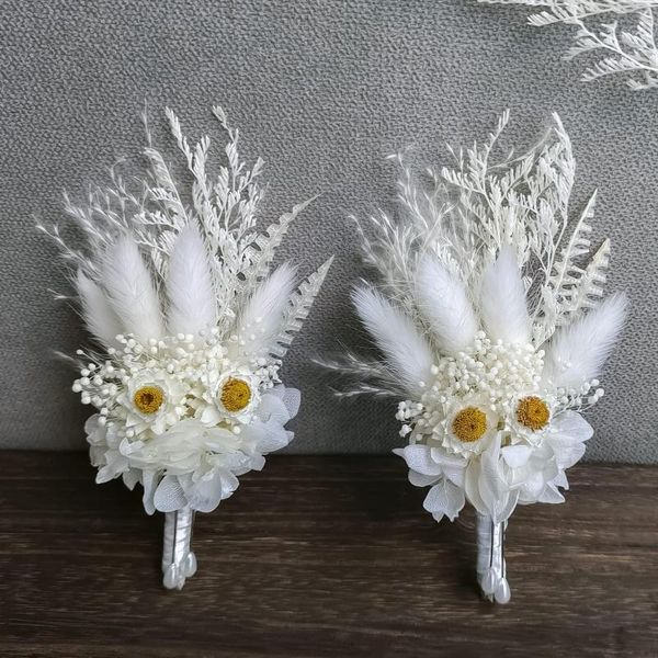 Dekorative Blumen, getrocknete Boutonnieres, 2-teiliges Set für Männer, Boho-Partyzubehör, Hochzeits-Bräutigam-Set, Mini-Pampas-Arrangement-Blumenstrauß