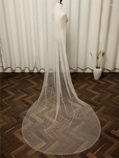 Véus de noiva moda longo com pérolas marca elegante acessórios de casamento catedral princesa véu pente