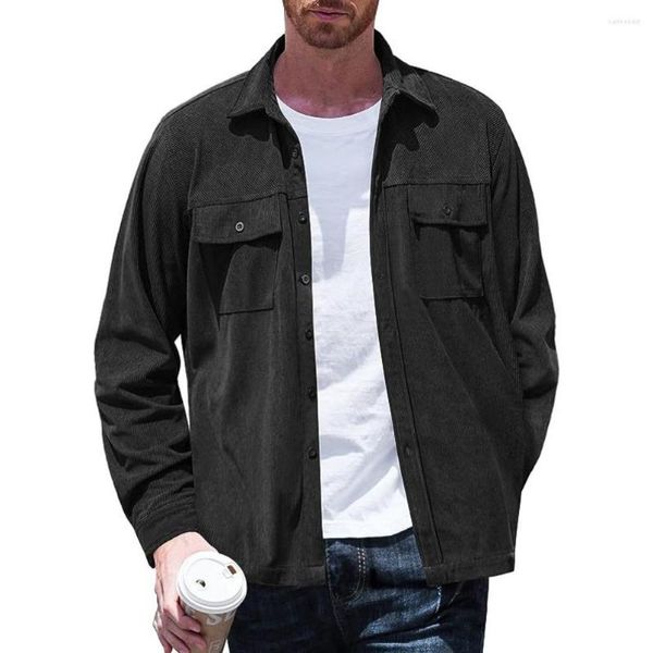 Camisas casuais masculinas de manga comprida vintage camisa de veludo duplo bolso padrão-ajuste colarinho de qualidade