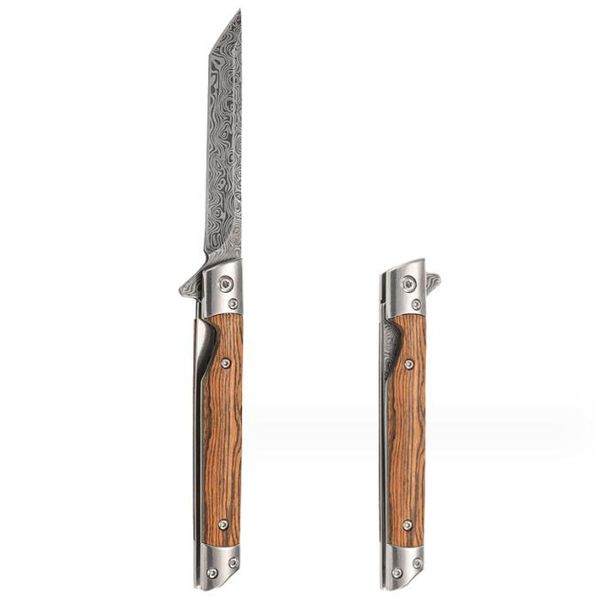 Быстро открывающийся складной нож, походный уличный карманный нож из дамасской стали с деревянной ручкой, кожаные ножны, охотничьи ножи из нержавеющей стали