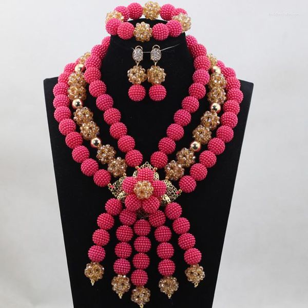 Комплект ожерелья и серег, потрясающие розовые и золотые шарики из бисера, эффектные свадебные модные украшения, подарок на день рождения WD379