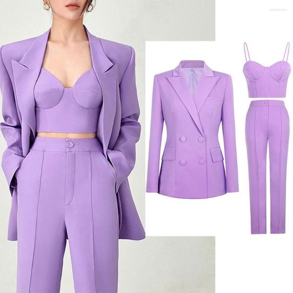 Calças femininas de duas peças verão roxo 3 mulheres conjunto moda escritório senhora elegante jaqueta senhoras terno formal calças e blazer