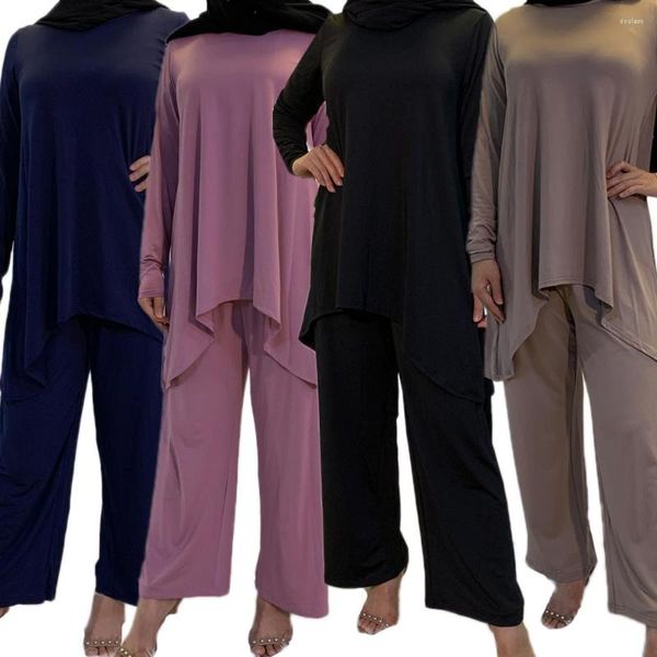 Abbigliamento etnico Donna musulmana Lunga maxi camicetta Pantaloni Abaya Abito a 2 pezzi Set Caftano islamico Turco Jilbab Dubai Abito Medio Oriente EID