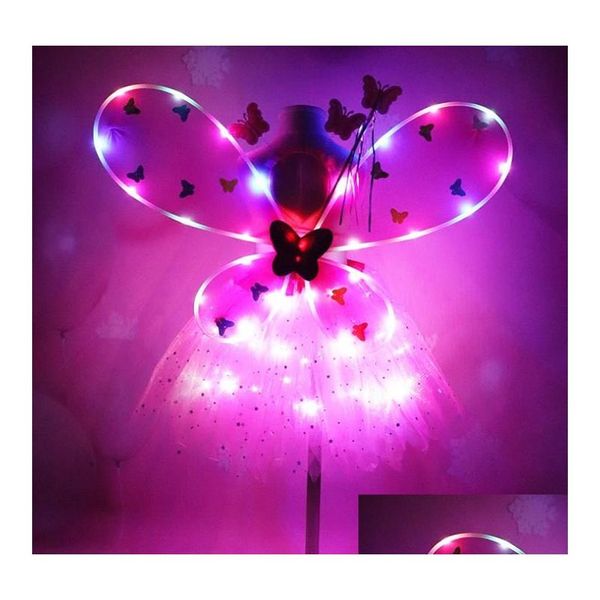 Andere Event Party Supplies Mädchen LED Schmetterlingsflügel Set mit Glow Tutu Rock Fee Zauberstab Stirnband Prinzessin Leuchten Karneval Kostüm Gi Dh1Sx