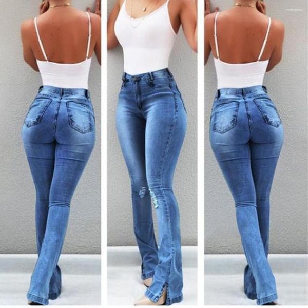 Jeans Skinny da donna Jean da donna a vita alta in denim Solid Slim Flare Pants Ladies Full Length Plus Size marchio di abbigliamento