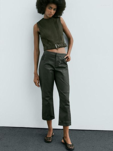 Damenhose Dark Khaki 2023 Herbst Bequeme All-Match-Mode reine Baumwolle gewachstes Leder abgeschnitten