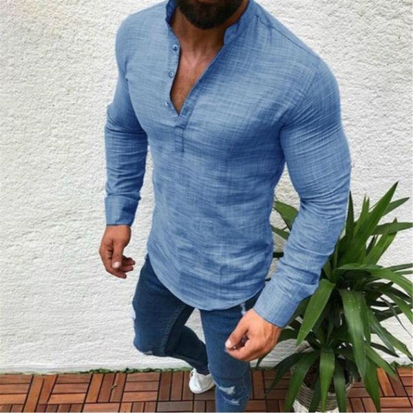 Plus size moda masculina manga longa com decote em v camisa superior camisas de linho blusa gola cortada pulôver masculino branco preto azul cinza1254s