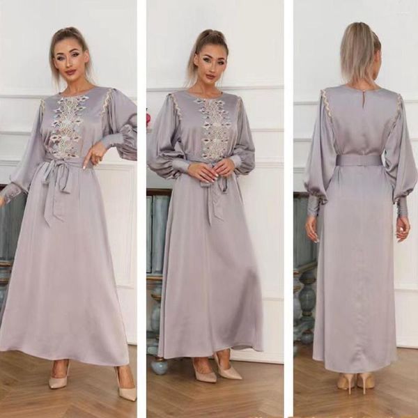 Etnik Giyim Müslüman Elbise Orta Doğu Kadın İşlemeli Saten Uzun Kollu Gece Elbiseler Moda Vestidos Largos Fas Kaftan