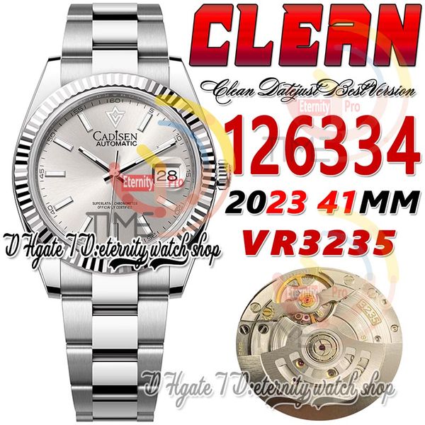 Clean CF Data 41mm 126334 VR3235 Relógio Masculino Automático Moldura Canelada Prata Cinza Dial Stick Marcadores 904L OysterSteel Pulseira Super Edition eternidade Hombre Relógios