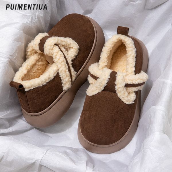 Tênis 2024 chinelo de pele inverno botas de neve de pelúcia slides luxo deslizamento na plataforma feminina sola grossa design algodão casa sapatos 230918