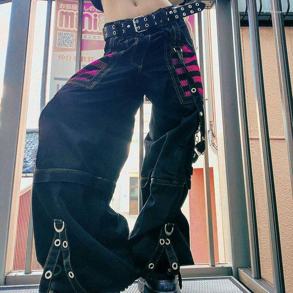 Calças femininas oversize mulheres estilo punk gótico corrente bandagem larga perna baixa ascensão calças acadêmicas escuras streetwear 90s baggy pant