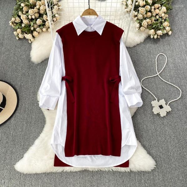 Blusas femininas superaen outono inverno moda solta manga comprida camisa branca irregular duas peças de malha regata vestido