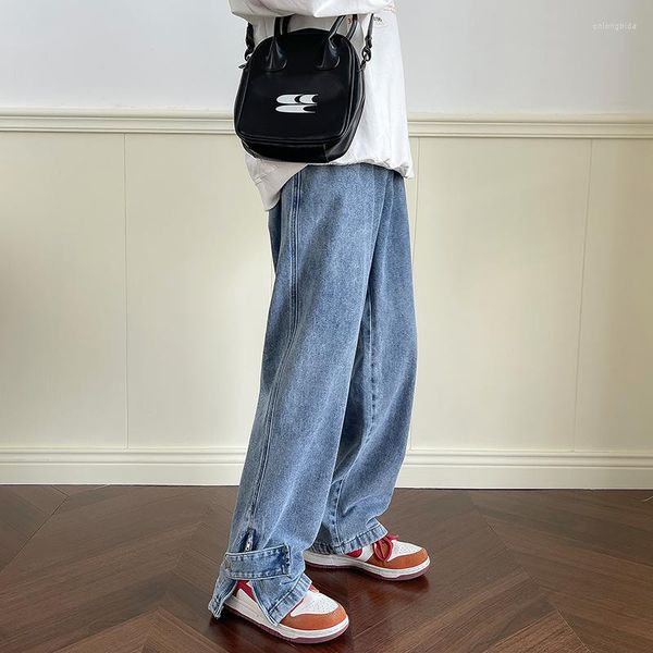 Bottone Jeans da uomo Streetwear Baggy 2023 Pantaloni impilati Hip Hop da uomo Coreano Y2k Vintage Blue Denim