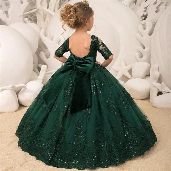 Vestidos de menina elegância verde tule renda longa meia manga lantejoulas arco cinto flor vestido casamento criança aniversário comunhão batismal