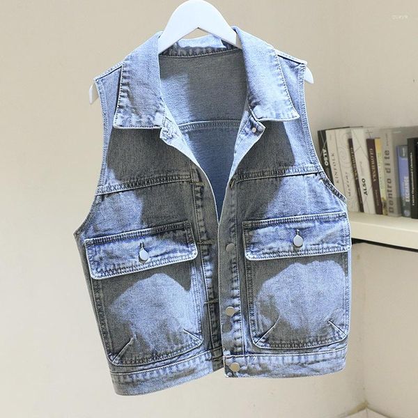 Gilet da donna Gilet di jeans con tasche grandi azzurre Gilet da donna Gilet corto senza maniche allentato Cappotto Primavera Jeans moda coreana femminile