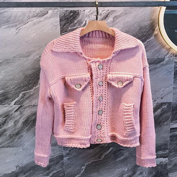 Moda europeia novo design estrela feminina mesmo estilo cor rosa corase lã tricotada gola virada para baixo suéter de manga comprida jacke244x