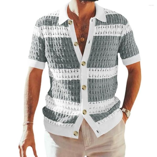 Camisas casuais masculinas oco para fora sexy cor bloqueando lapela camisa de malha manga curta magro roupas masculinas botão superior cardigans