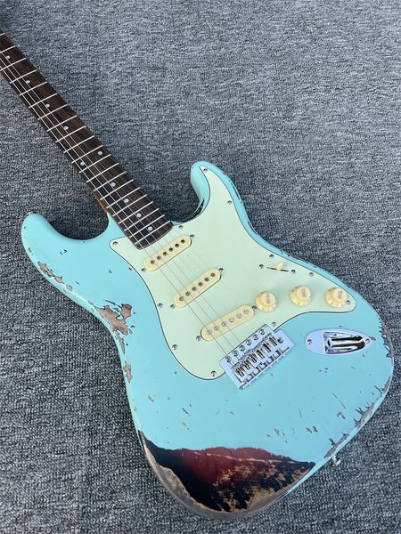 Heavy Relic ST E-Gitarre, Erlenkorpus, Ahornhals, gealterte Hardware, blaue Farbe, Nitrolack-Finish, kann individuell angepasst werden