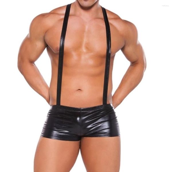 Shorts masculinos sexy apertado roupa interior de couro falso macacão boxer briefs palco wear masculino casual