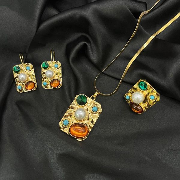 Colar brincos conjunto mandi alta qualidade pérola strass configuração de pedra natural pingente quadrado anel banhado a ouro