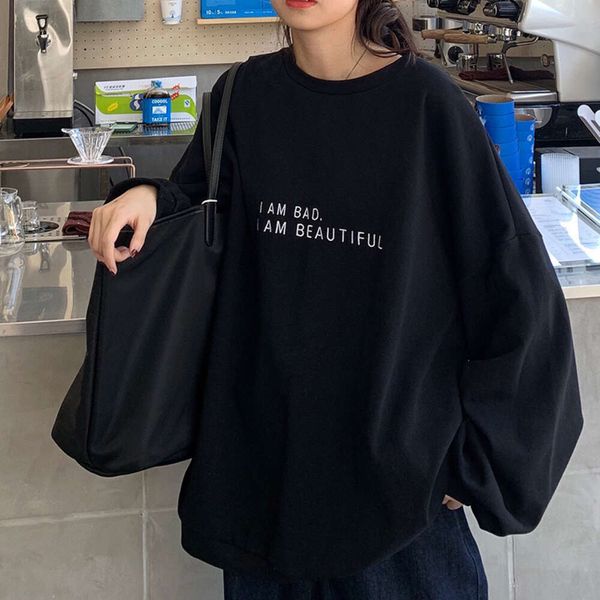 Designer de varejo camiseta moda feminina pulôver camisa seatshirt em torno do pescoço simples carta estudante topos solto camisola feminina xxl