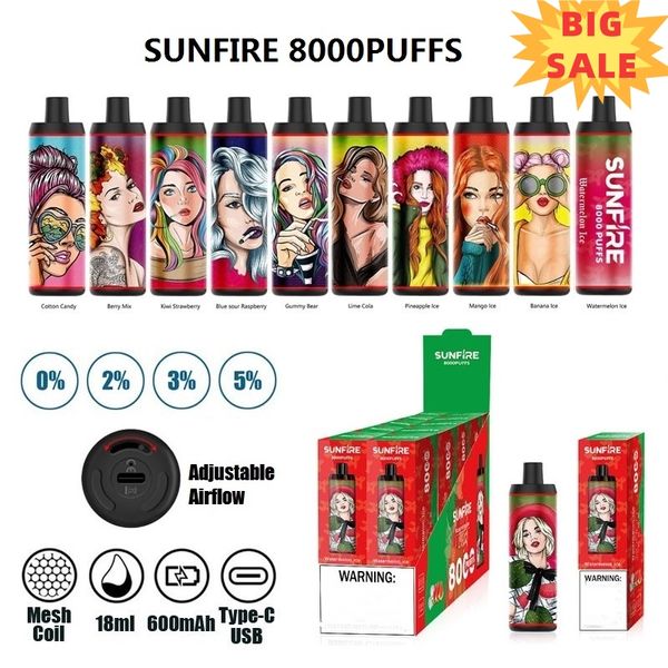 AUTENTICA SUNFIRE BAR 8000 SUFFA SUPPATTO VAPE ELETTRONICA Sigaretta 600MAH BATTERIALLAGGIO RICAGLIABILE 18 ML E POD liquido 10 sapori di frutta Puff8000 8k Factory diretto