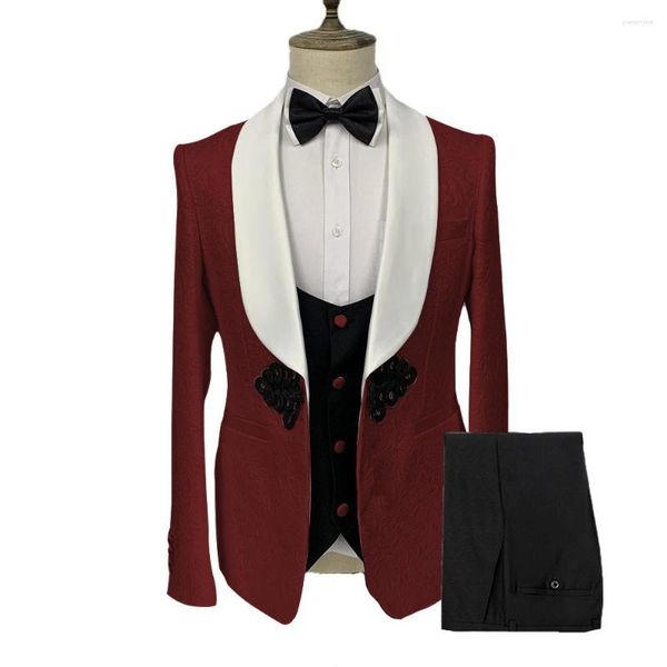 Abiti da uomo Lansboter Abito da uomo rosso vino 3 pezzi Slim Fit formale fibbia a piastra jacquard adatta per banchetti nuziali giacca gilet con pantaloni