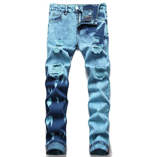 Jeans da uomo Factory High Street Pantaloni in denim strappati al ginocchio elasticizzati forti e invecchiati Skinny impilati Moda Casual214n