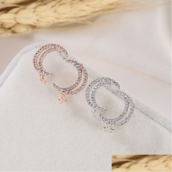 Haarschmuck Stud Exquisite Kristall Mond Stern Ohrringe für Frauen Elegante Dame Rose Gold Sier Farbe Mode Party Schmuck Giftstuds Dhmgv